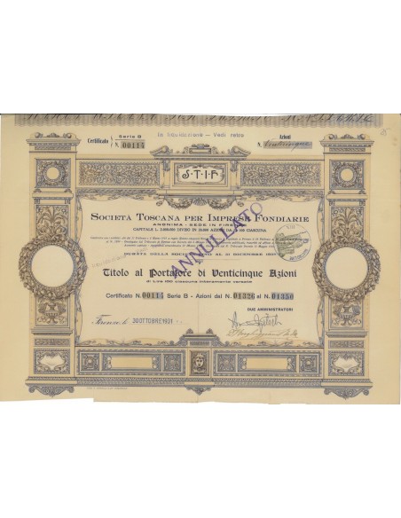 SOC. TOSCANA PER LE IMPRESE FONDIARIE - 25 AZIONI FIRENZE 1931