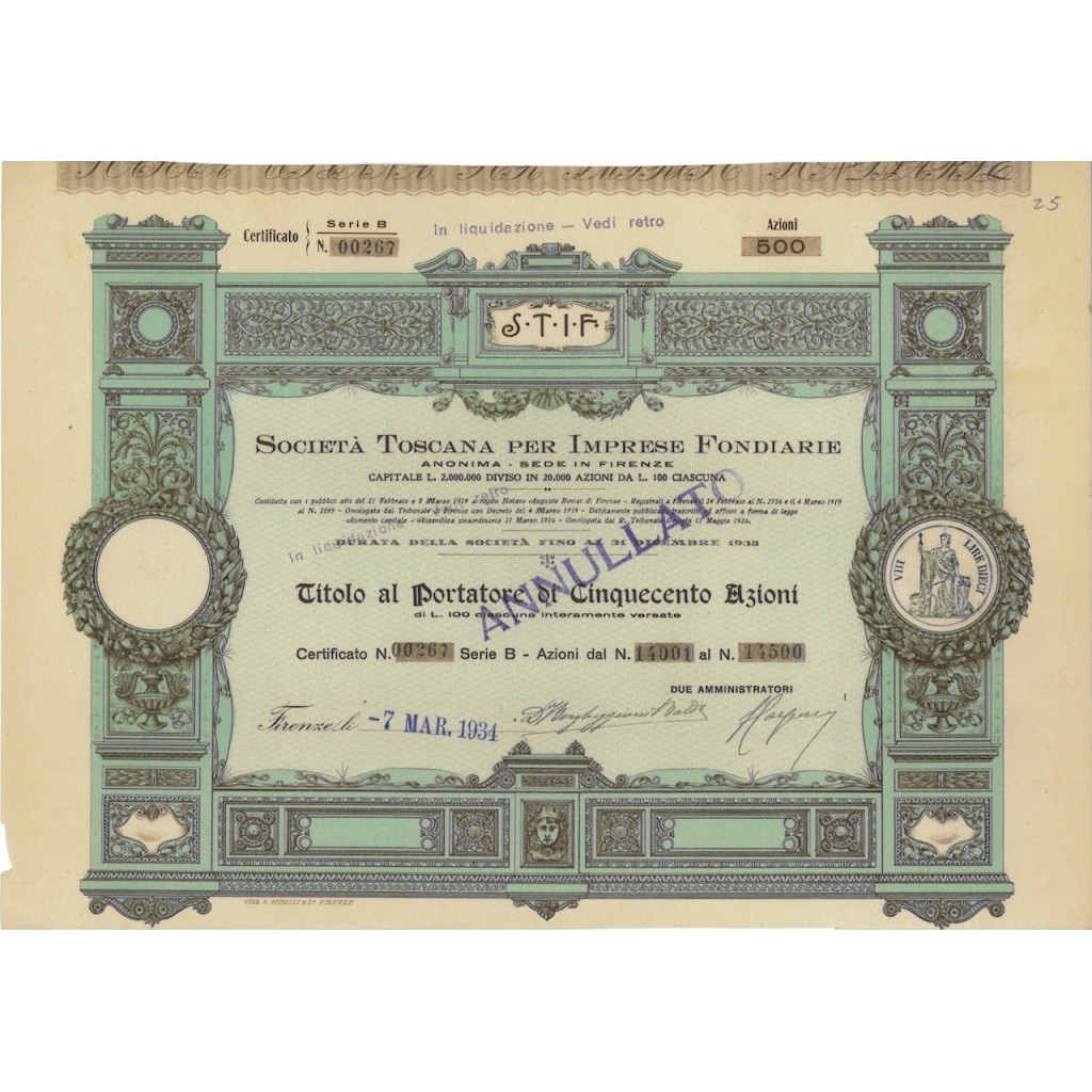 SOC. TOSCANA PER LE IMPRESE FONDIARIE - 500 AZIONI FIRENZE 1934