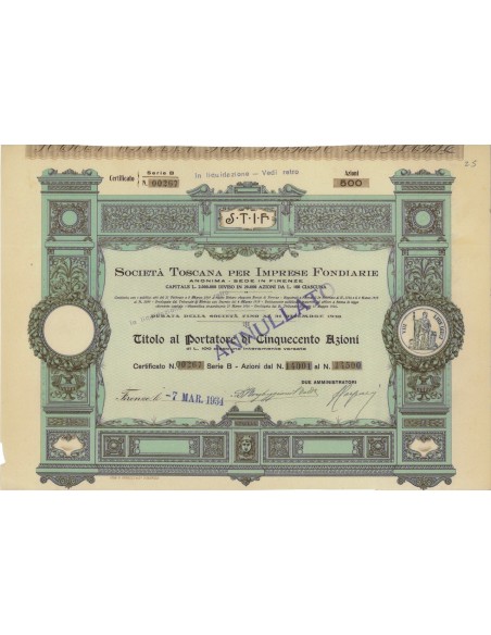 SOC. TOSCANA PER LE IMPRESE FONDIARIE - 500 AZIONI FIRENZE 1934