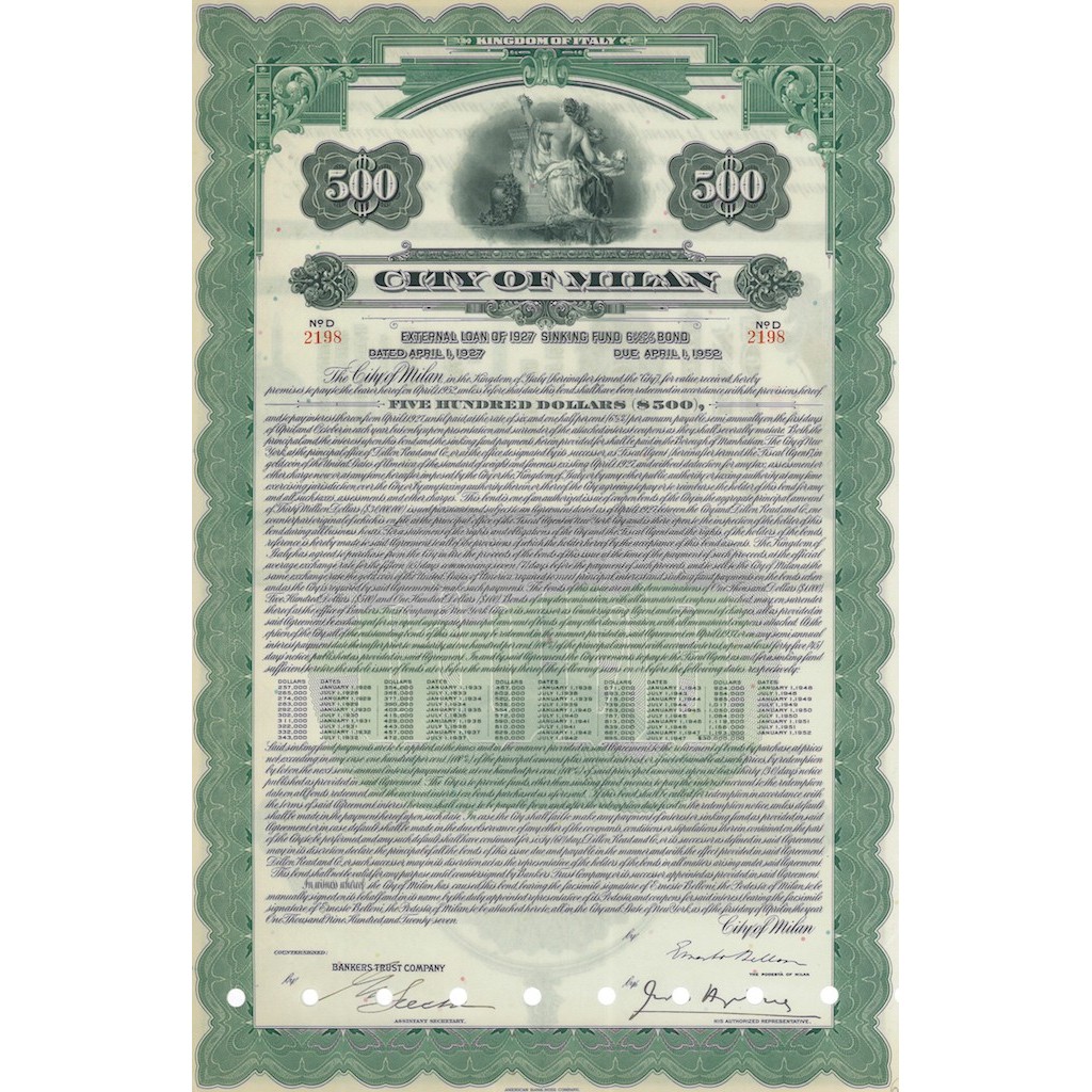 CITY OF MILAN 1 OBBLIGAZIONE DA 500$ MILANO 1927