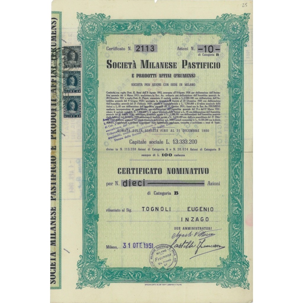SOC. MILANESE PASTIFICIO - 10 AZIONI MILANO 1951