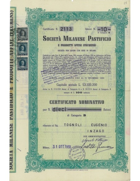 SOC. MILANESE PASTIFICIO - 10 AZIONI MILANO 1951