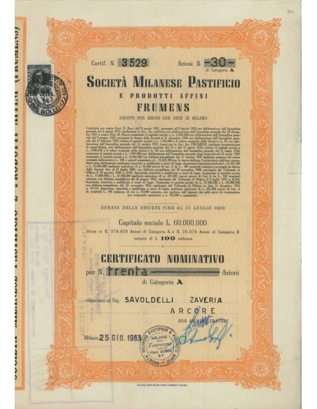 SOC. MILANESE PASTIFICIO - 30 AZIONI MILANO 1963