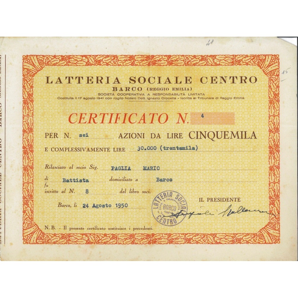 LATTERIA SOCIALE CENTRO - 6 AZIONI BARCO 1950