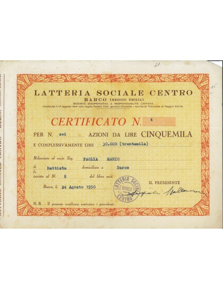LATTERIA SOCIALE CENTRO - 6 AZIONI BARCO 1950