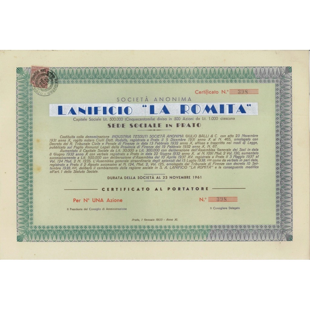 LANIFICIO LA ROMITA - 1 AZIONE PRATO 1933
