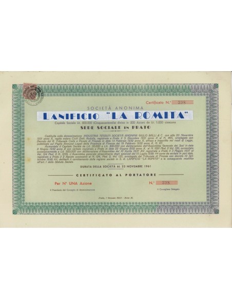 LANIFICIO LA ROMITA - 1 AZIONE PRATO 1933