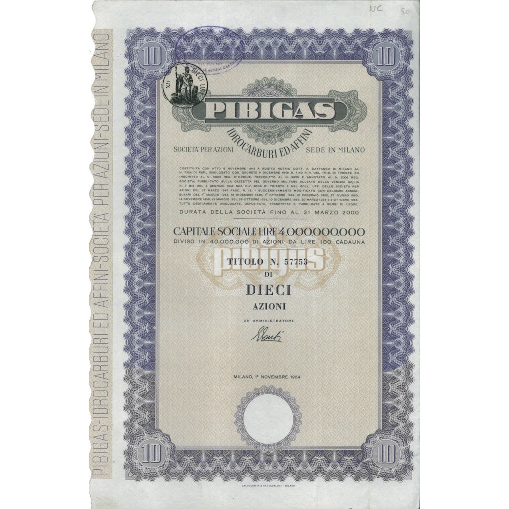 PIBIGAS - 10 AZIONI - MILANO 1954