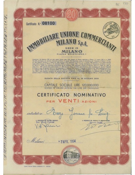 IMM. UNIONE COMM. MILANO SPA - 20 AZIONI MILANO 1954