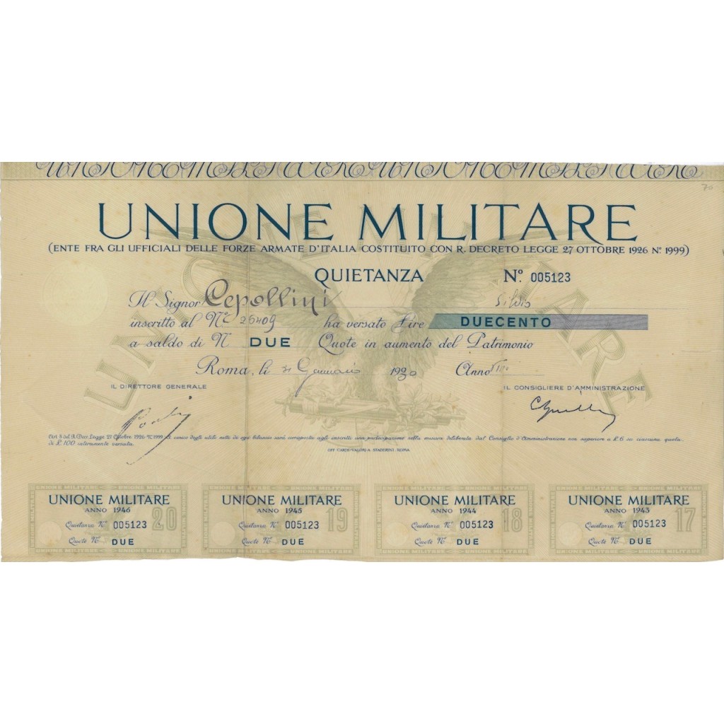 UNIONE MILITARE - 2 QUOTE ROMA 1930