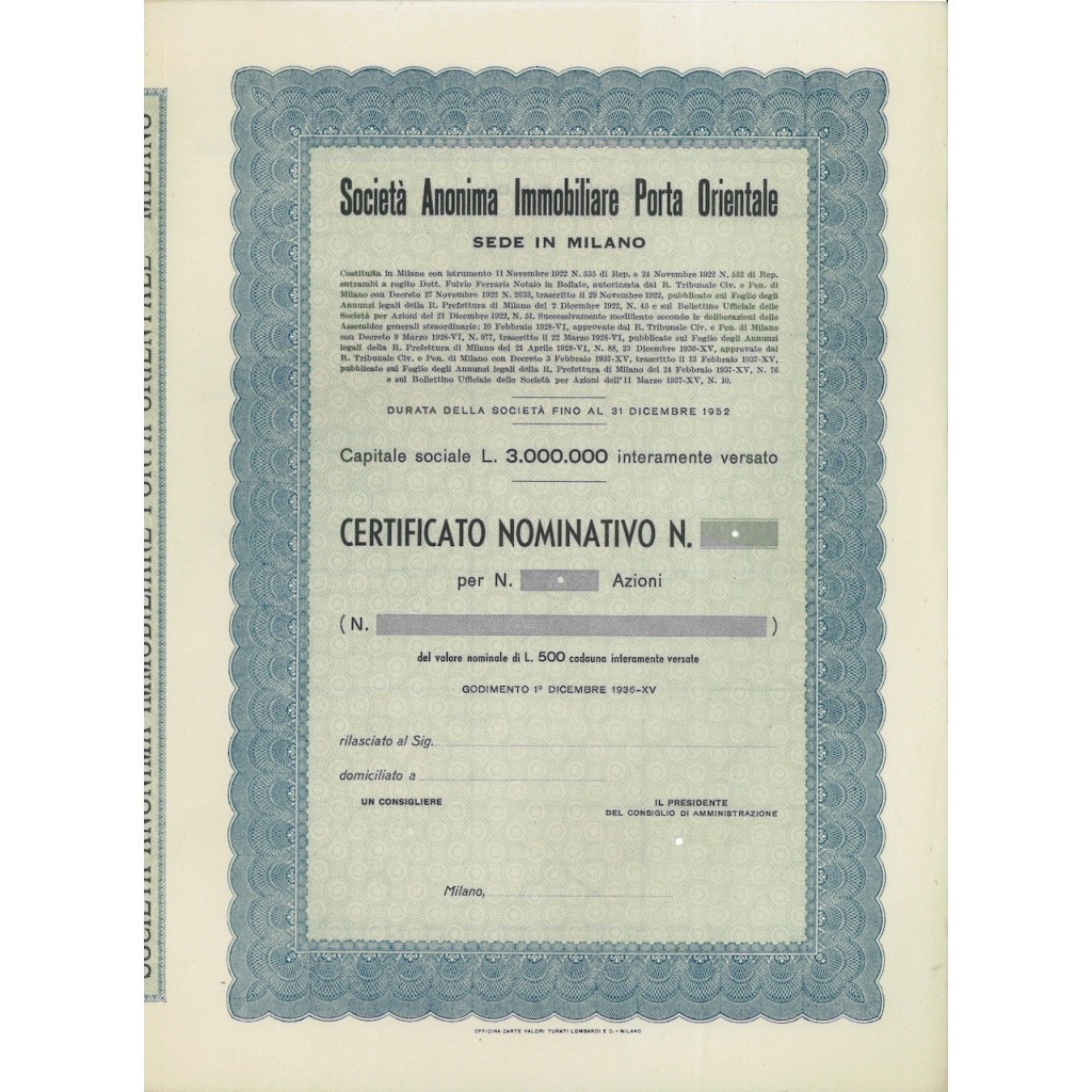 SOC. ANON. IMMOBILIARE PORTA ORIENTALE - AZIONI MILANO 1922