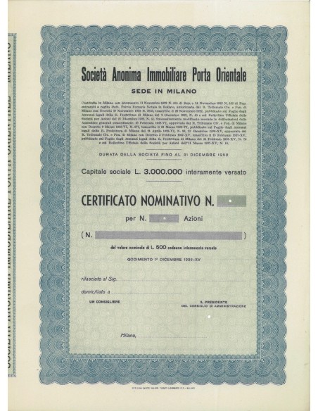 SOC. ANON. IMMOBILIARE PORTA ORIENTALE - AZIONI MILANO 1922