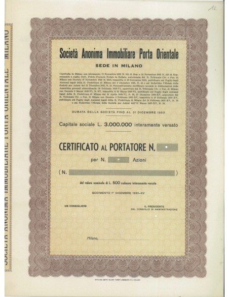 SOC. ANON. IMMOBILIARE PORTA ORIENTALE - AZIONI MILANO 1922