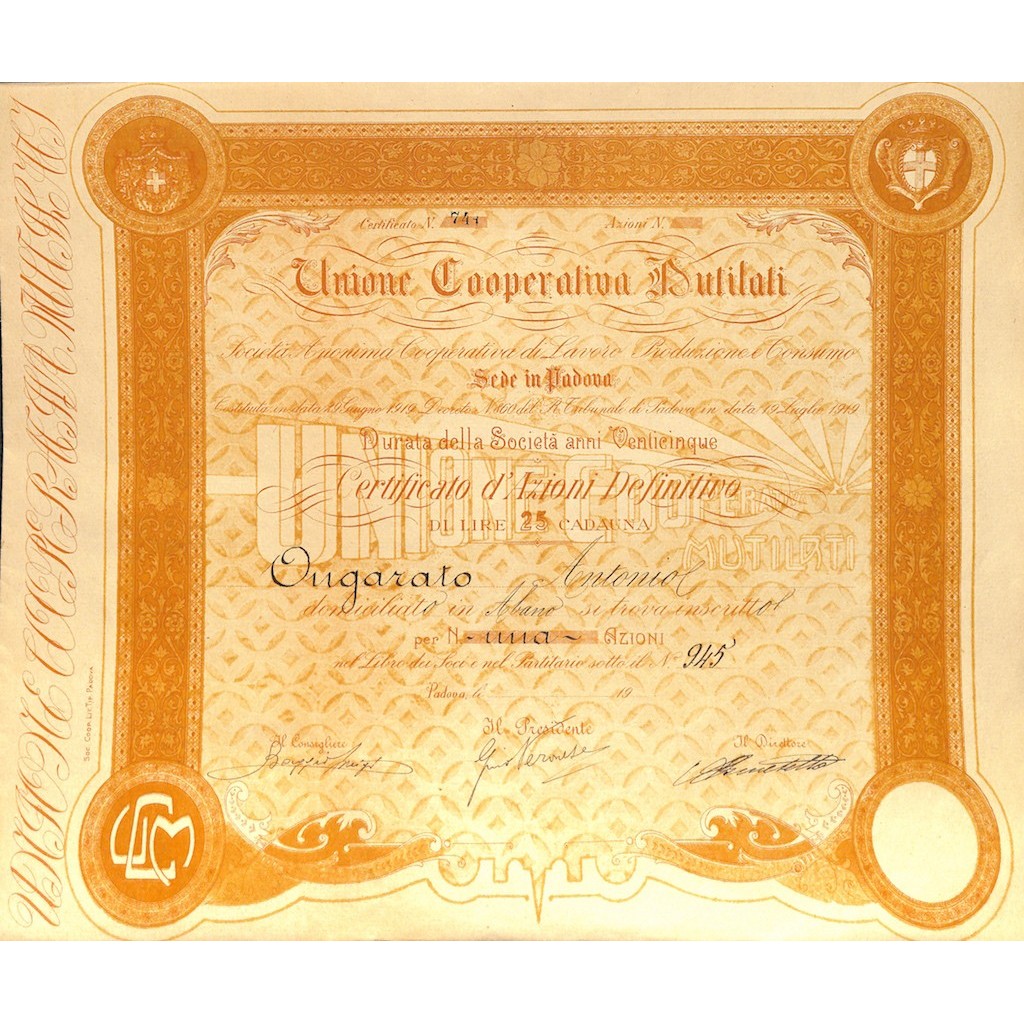 UNIONE COOP. MUTILATI 1 AZIONE PADOVA 1919