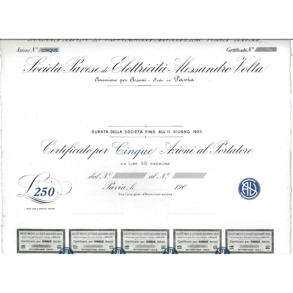 SOC. PAVESE ELETTRICITA' A. VOLTA - 5 AZIONI PAVIA 1907