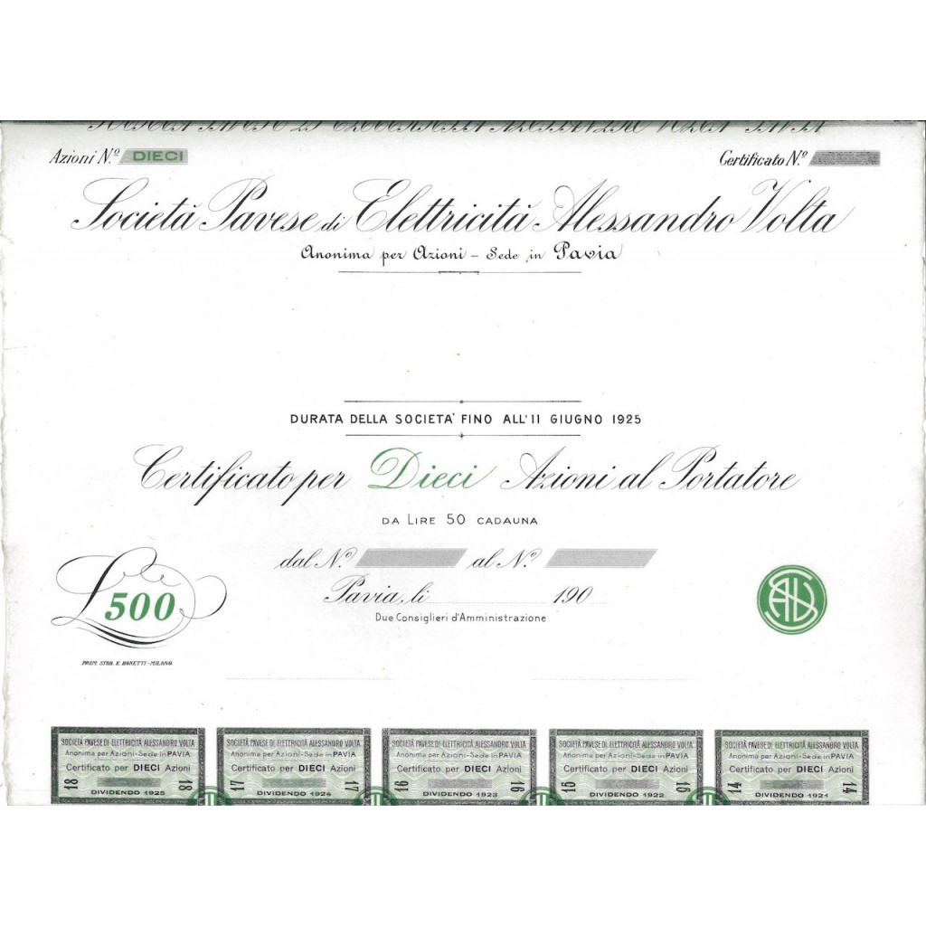 SOC. PAVESE ELETTRICITA' A. VOLTA - 10 AZIONI PAVIA 1907