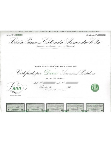 SOC. PAVESE ELETTRICITA' A. VOLTA - 10 AZIONI PAVIA 1907