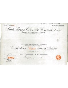 SOC. PAVESE ELETTRICITA' A. VOLTA - 100 AZIONI PAVIA 1907