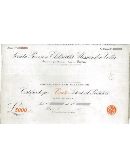 SOC. PAVESE ELETTRICITA' A. VOLTA - 100 AZIONI PAVIA 1907