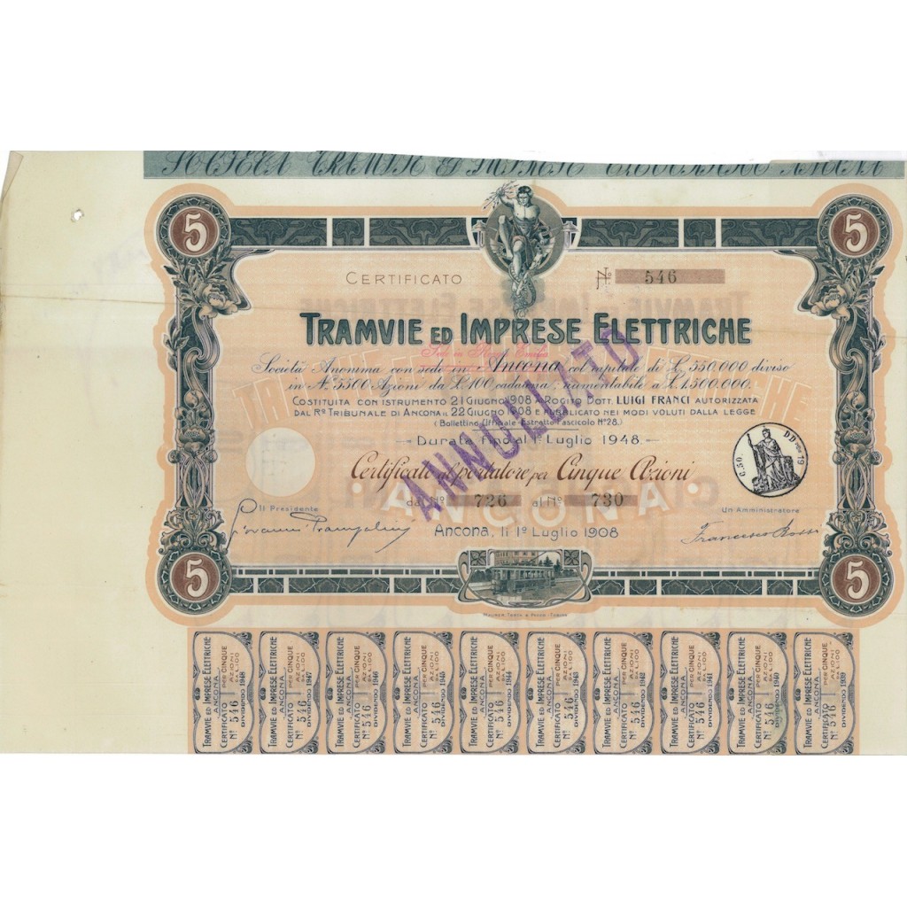 TRAMVIE ED IMPRESE ELETTRICHE - 5 AZIONI ANCONA 1908