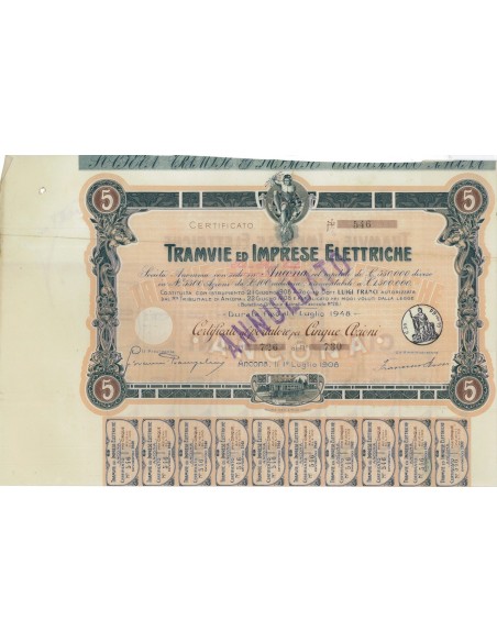 TRAMVIE ED IMPRESE ELETTRICHE - 5 AZIONI ANCONA 1908