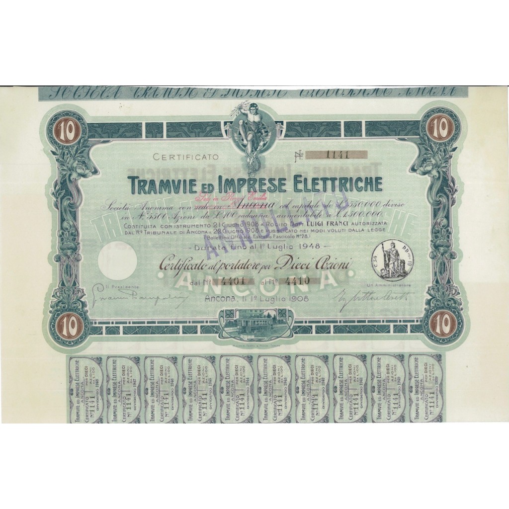 TRAMVIE ED IMPRESE ELETTRICHE - 10 AZIONI ANCONA 1908