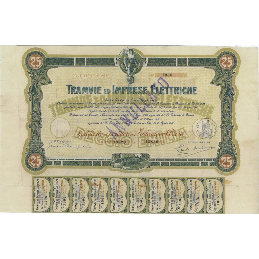 TRAMVIE ED IMPRESE ELETTRICHE - 25 AZIONI ANCONA 1908