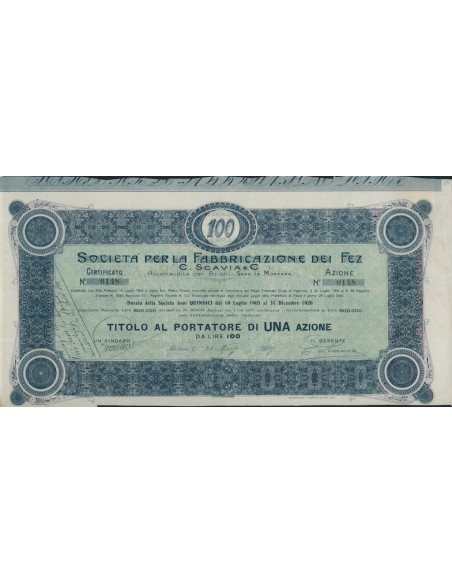 SOC. PER LA FABBRICAZIONE DEI FEZ 1 AZIONE MORTARA 1907