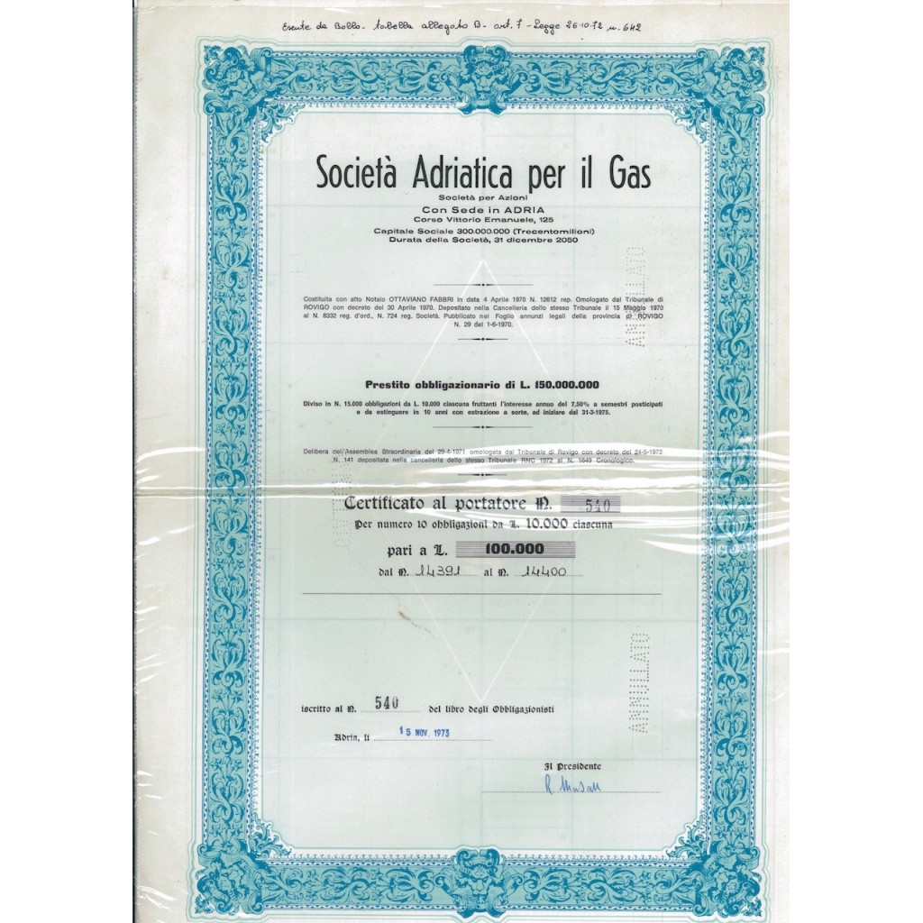 SOC. ADRIATICA PER IL GAS - 10 OBBLIGAZIONI ADRIA 1973