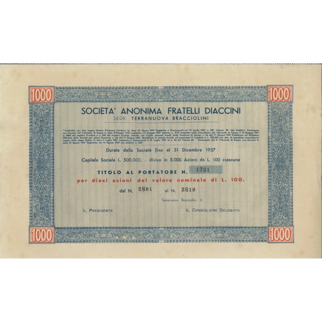 SOC. ANON. FRATELLI DIACCINI -10 AZIONI T. BRACCIOLINI 1937