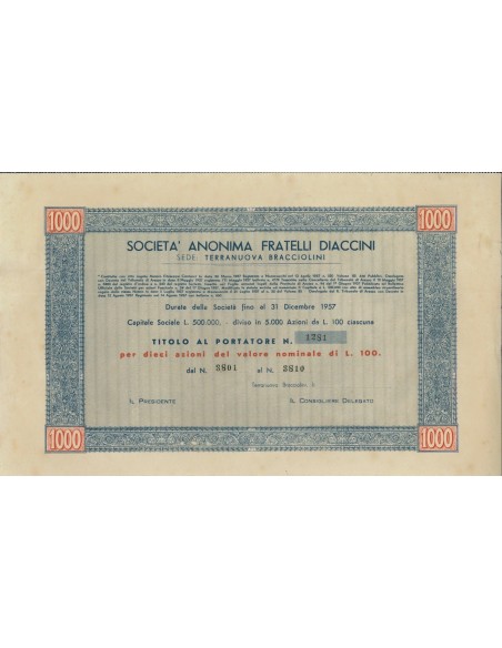 SOC. ANON. FRATELLI DIACCINI -10 AZIONI T. BRACCIOLINI 1937