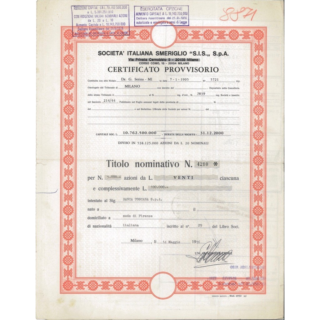 SOC. ITALIANA SMERIGLIO - 5000 AZIONI MILANO 1976