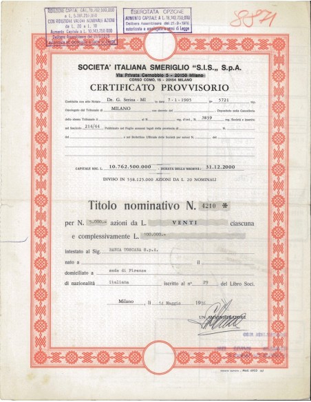 SOC. ITALIANA SMERIGLIO - 5000 AZIONI MILANO 1976