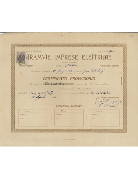 TRAMVIE IMPRESE ELETTRICHE - 50 AZIONI - ANCONA 1908