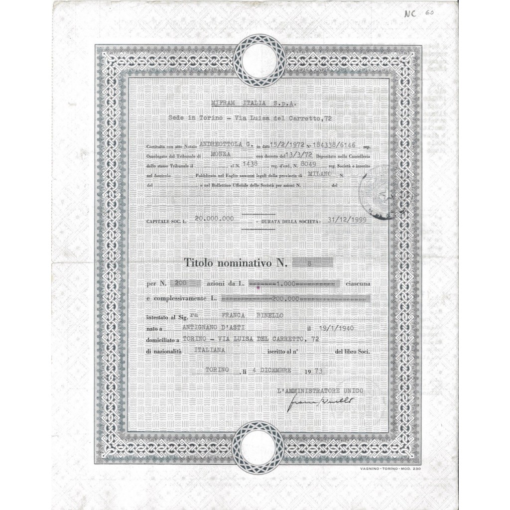 MIFRAM ITALIA SPA - 200 AZIONI TORINO 1973