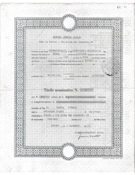 MIFRAM ITALIA SPA - 200 AZIONI TORINO 1973
