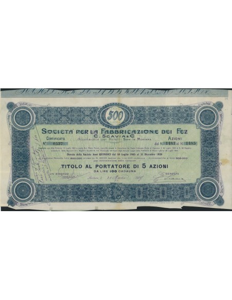 SOC. PER LA FABBRICAZIONE DEI FEZ 5 AZIONI MORTARA 1907
