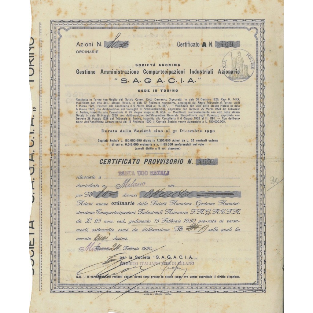 S.A.G.A.C.I.A. - 80 AZIONI MILANO 1930