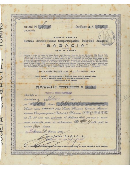 S.A.G.A.C.I.A. - 80 AZIONI MILANO 1930