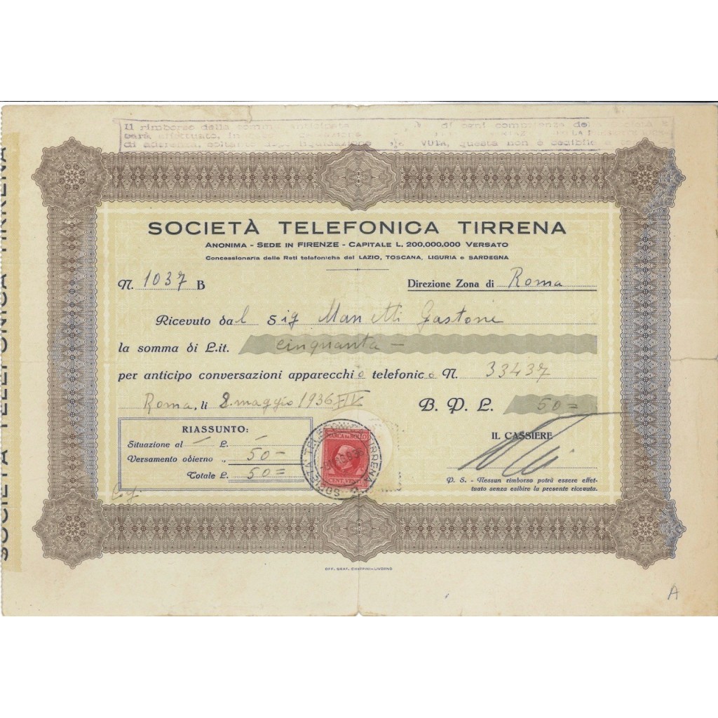 SOC. TELEFONICA TIRRENA - RICEVUTA 50 LIRE - ROMA 1936