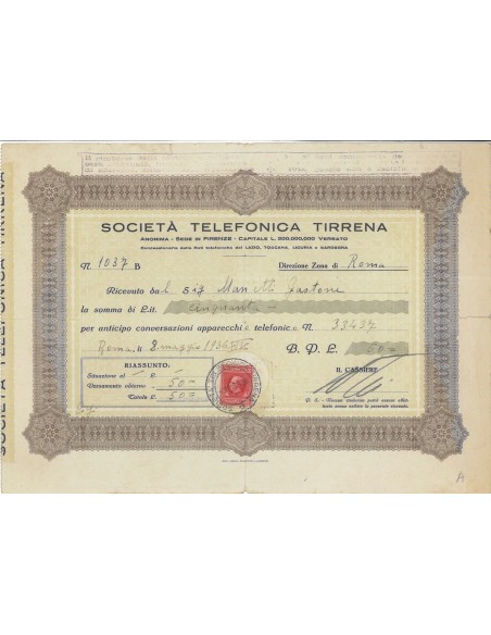 SOC. TELEFONICA TIRRENA - RICEVUTA 50 LIRE - ROMA 1936