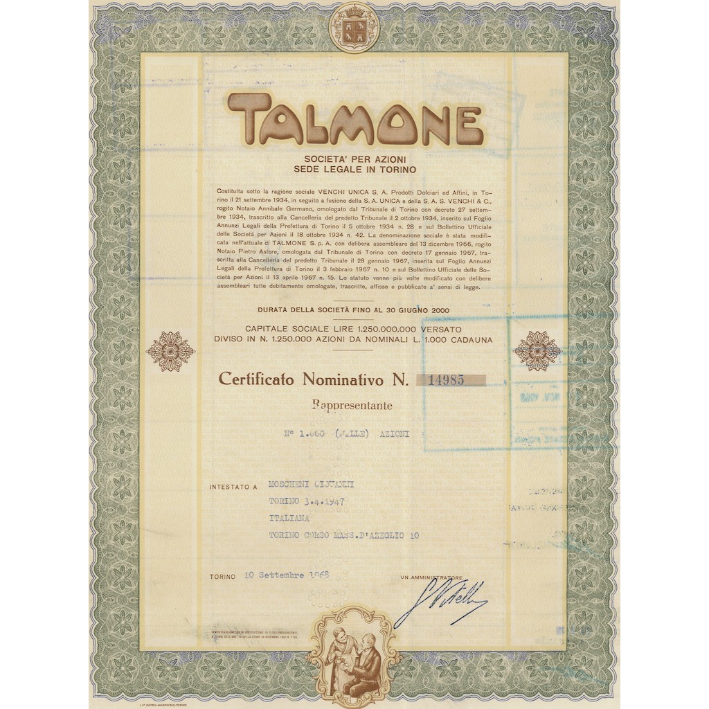 TALMONE CERTIFICATO DA 1000 AZIONI TORINO 1968
