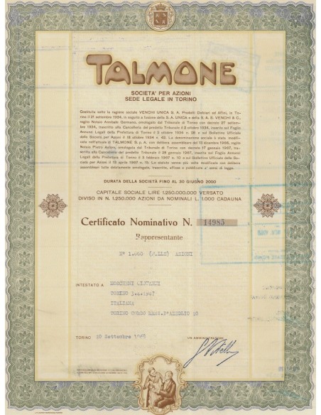 TALMONE CERTIFICATO DA 1000 AZIONI TORINO 1968