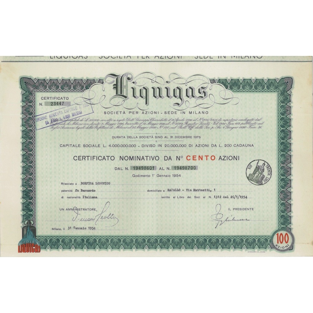 LIQUIGAS - 100 AZIONI MILANO 1954