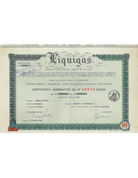 LIQUIGAS - 100 AZIONI MILANO 1954
