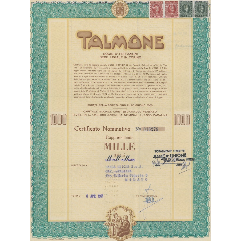 TALMONE CERTIFICATO DA 1000 AZIONI TORINO 1971