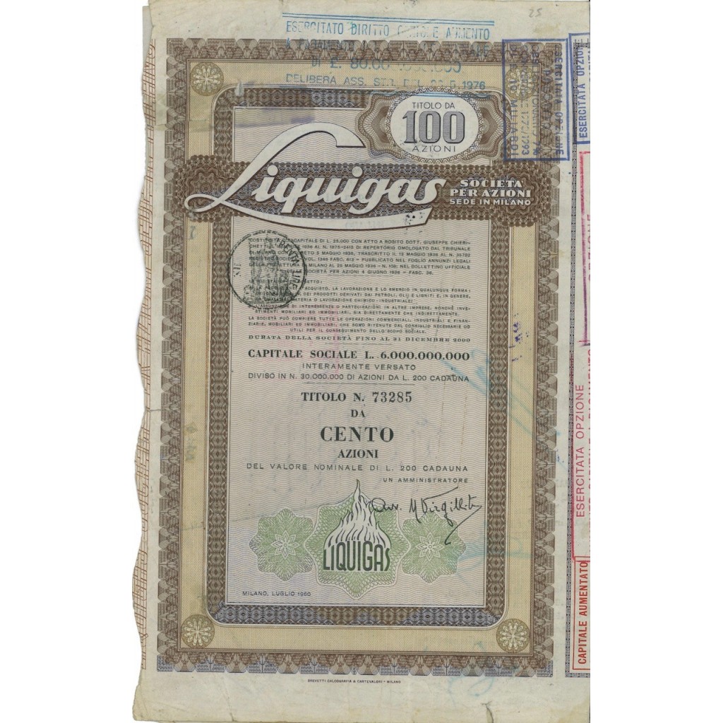 LIQUIGAS - 100 AZIONI MILANO 1960