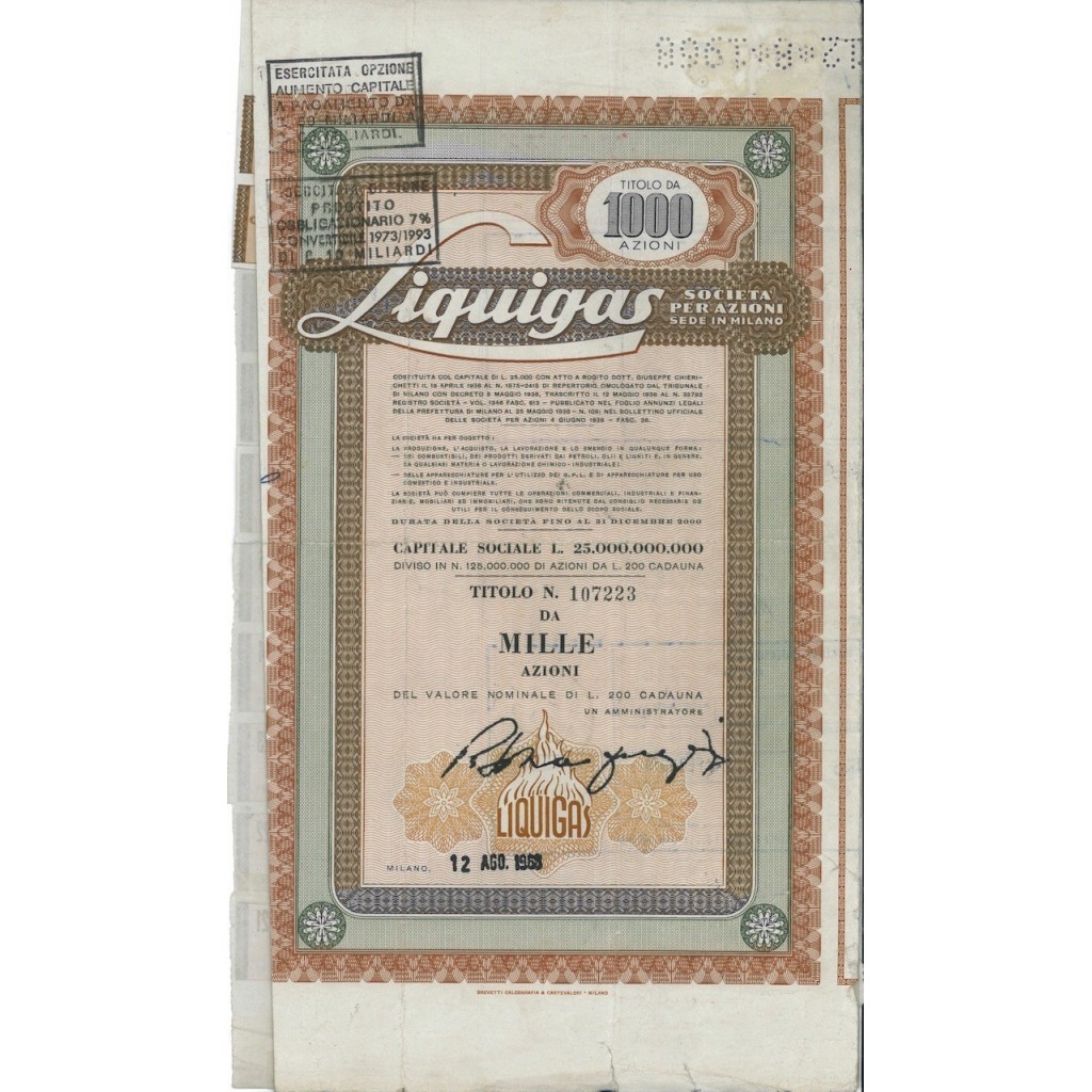LIQUIGAS - 1000 AZIONI MILANO 1963