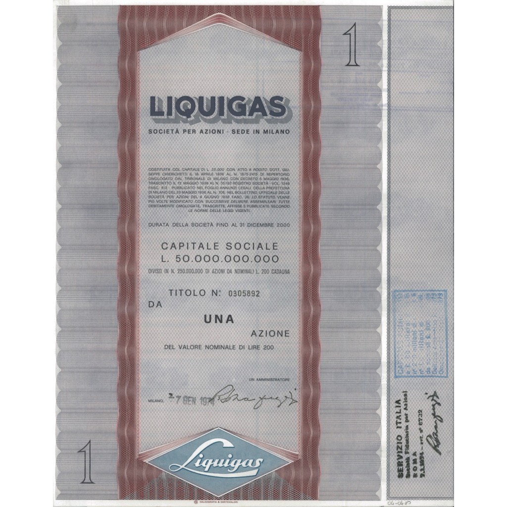 LIQUIGAS - 1 AZIONE MILANO 1974