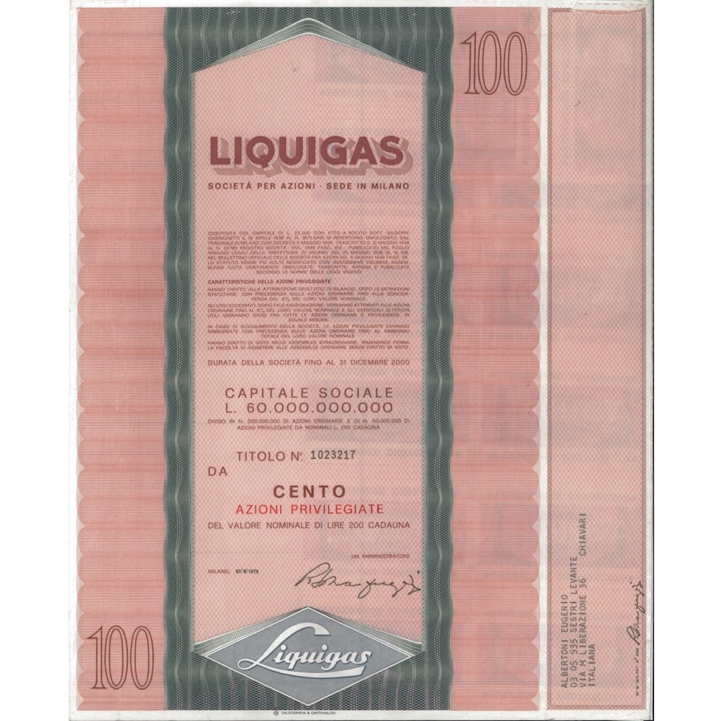 LIQUIGAS - 100 AZIONI MILANO 1973